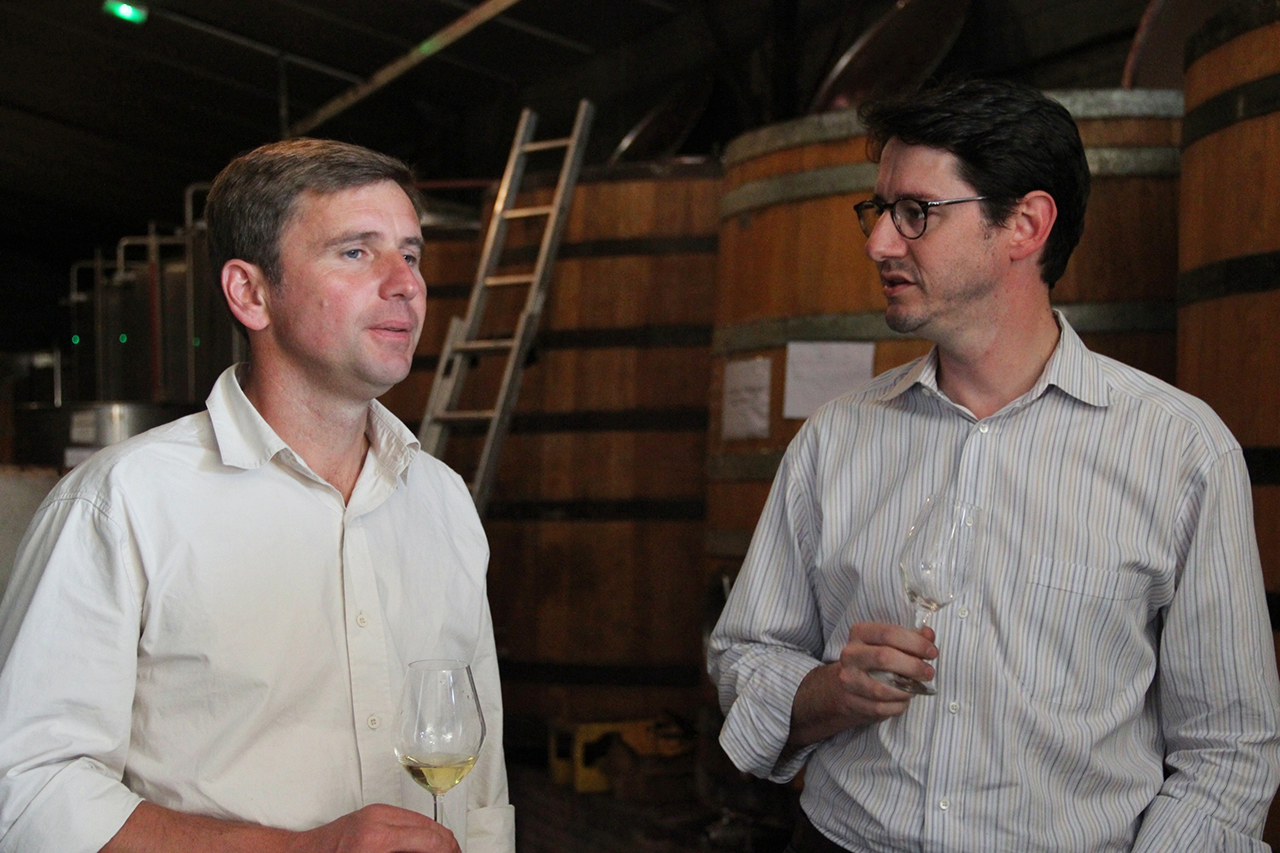 Damien Laureau and Jon-David in the fermentation room of Domaine Saint Nicolas