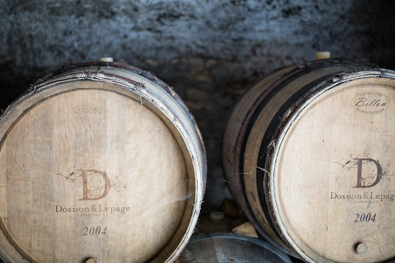 The small barrel cellar at Champagne Dosnon where the base wines are stored. The reserve wine is stored in tanks and foudre. 